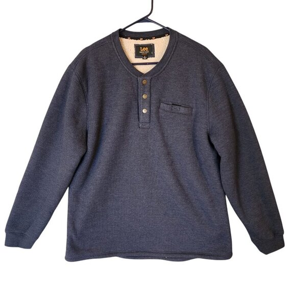 Lee Premium Henley Sweater Men's Size XL Blue Sherpa Lined Button Front Pocket - Picture 2 of 11